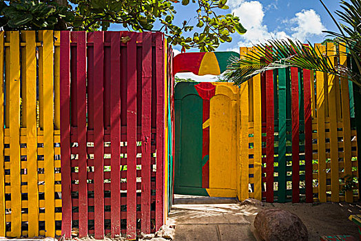 尼维斯岛,海滩,彩色,栅栏