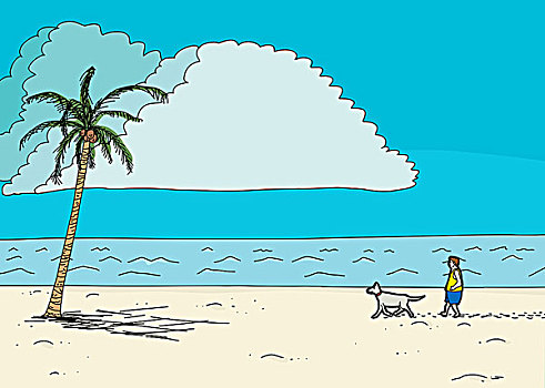 遛狗,靠近,棕榈树,海滩