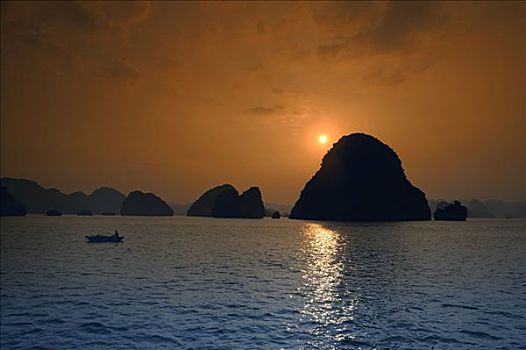 渔船,日落,下龙湾,河内,东南亚