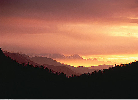 山峦,云,日落,尼泊尔
