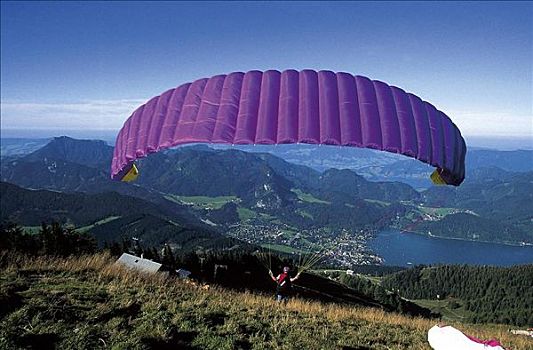滑翔伞,趣味运动,湖,全景,萨尔茨卡莫古特,萨尔茨堡,奥地利,欧洲
