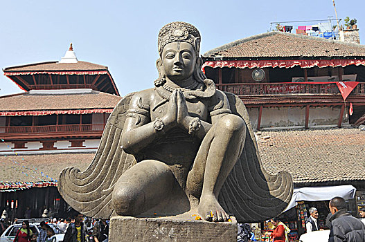 尼泊尔,加德满都,杜巴广场,雕塑,正面,庙宇
