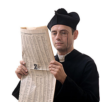 肖像,天主教,牧师,读,财经报纸