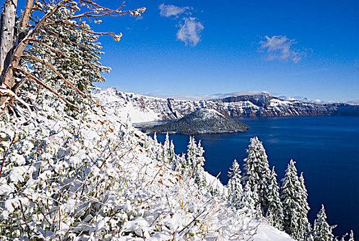 火山湖,巫师岛,冬天,湖,美国,火山湖国家公园,俄勒冈