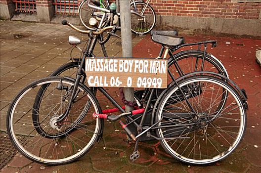 荷兰人,自行车,按摩,男孩,男人,书写,市中心,阿姆斯特丹,荷兰,欧洲