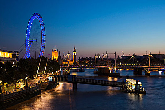 泰晤士河,皇家节日大厅,伦敦眼,议会大厦,大本钟,黄昏,伦敦,英格兰,英国,欧洲