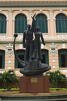 越南,西贡,胡志明市,中央邮局,法国,殖民风格,雕塑