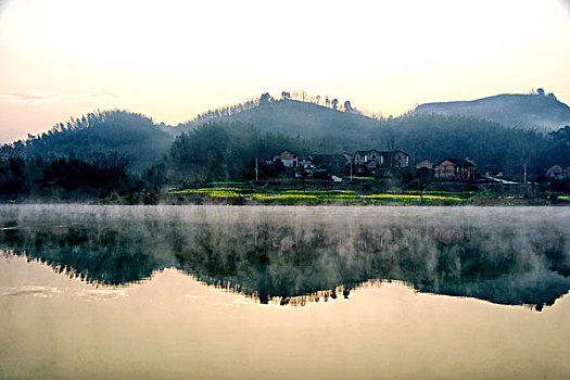 对岸,风光,村庄,灌木,树,河流,雾,早晨,阳光,风景