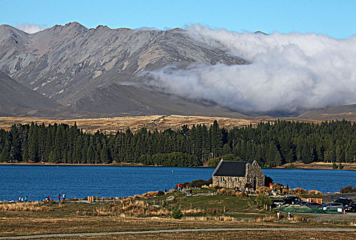 新西兰第卡波湖岸边的牧羊人教堂churchofthegoodshepherd