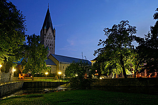 区域,最短的,河,夜晚,大教堂,帕德博恩,北莱茵威斯特伐利亚,德国,欧洲