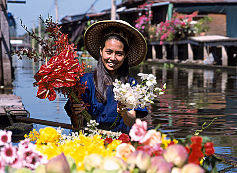 泰国,水上市场,花,摊贩,微笑