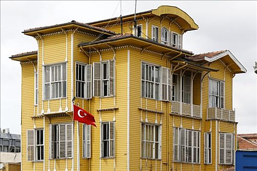 传统,土耳其,木屋,凸窗,涂绘,黄色,藍色清真寺,伊斯坦布尔
