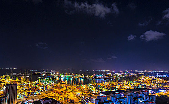 城市,远景,集装箱码头,夜晚,新加坡,东南亚