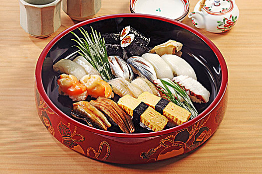 多样,握寿司,寿司卷,陶瓷,碗,日本