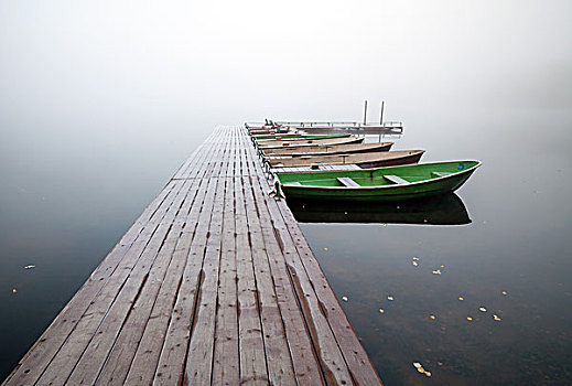 秋天,小,码头,船,湖,寒冷,安静,雾状,早晨