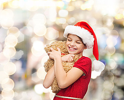 休假,礼物,圣诞节,孩子,人,概念,微笑,女孩,圣诞老人,帽子,泰迪熊,上方,背景