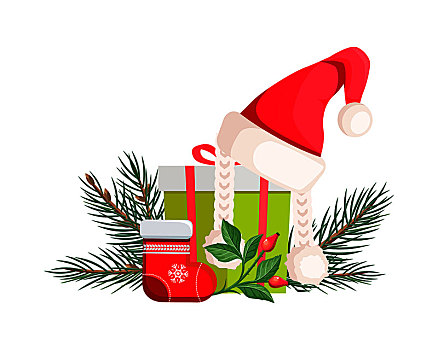 圣诞帽,躺着,绿色,礼物,蝴蝶结,红丝带,靠近,红色,圣诞节,袜子,常青树,枝条,矢量,插画,卡通,设计