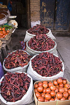 蔬菜,调味品,市场货摊,喀什葛尔,新疆,中国