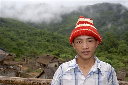 肖像,男孩,老挝,部落,戴着,毛帽,乡村,禁止,省,东南亚