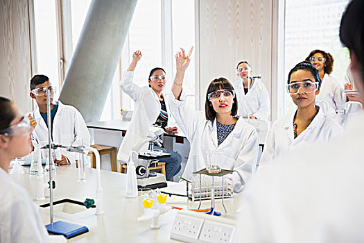 大学生,抬手,科学,实验室,教室