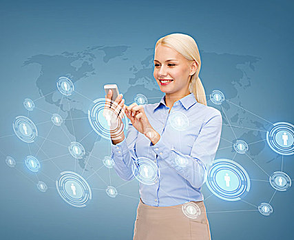 商务,科技,互联网,概念,职业女性,智能手机,上方,蓝色背景