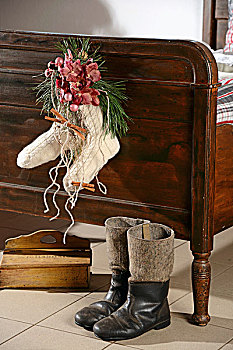 兰花,肉桂棒,毛织品,袜子,圣诞节,安放,木质,床,旧式,靴子