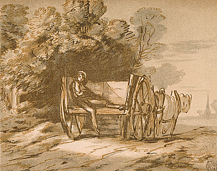 男孩,手推车,素描,笔,洗,18世纪,艺术家