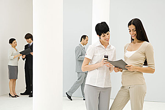 两个,职业女性,站立,一起,俯视,文件夹,一个,拿着,手机,同事,背景