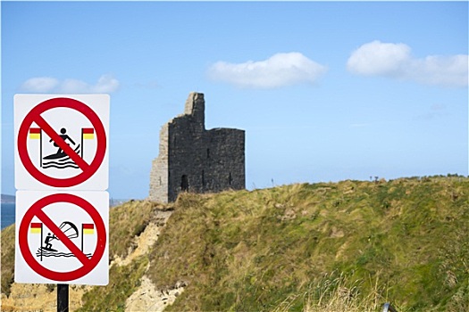 警告标识,冲浪,城堡,大西洋,入口,爱尔兰