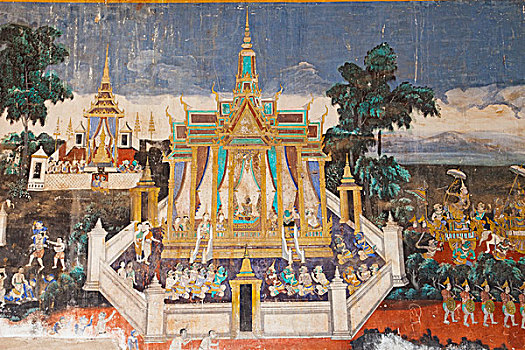 柬埔寨,金边,罗摩衍那,墙壁,壁画,银,塔