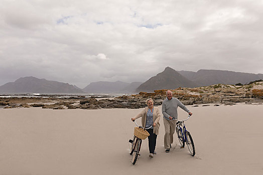 高兴,老年,夫妻,走,自行车,海滩