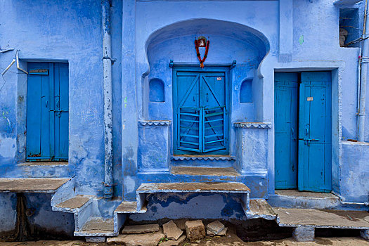 蓝色,涂绘,建筑外观,门,邦迪,拉贾斯坦邦,印度,亚洲