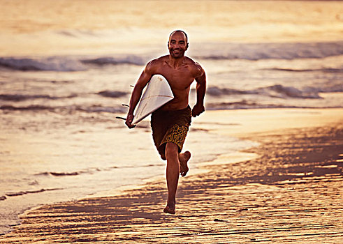 一个,男人,湿,海滩,日落,冲浪板,安达卢西亚,西班牙