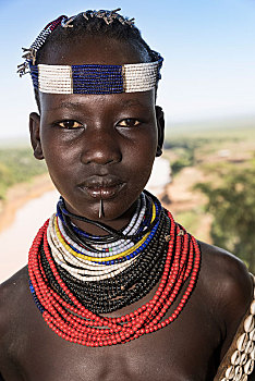 女孩,头像,卡罗部落,奥莫河,南方,区域,埃塞俄比亚,非洲