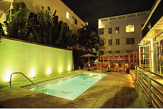 建筑,游泳池,夜晚,迈阿密海滩,佛罗里达,美国