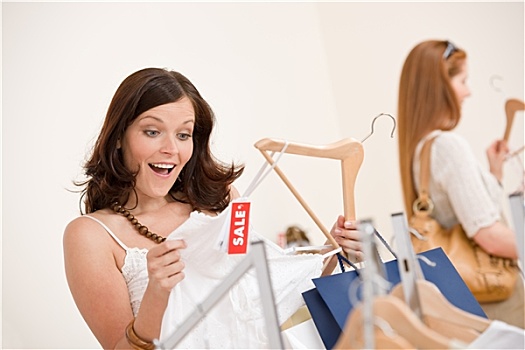 时尚,购物,两个,高兴,女人,选择,销售,衣服