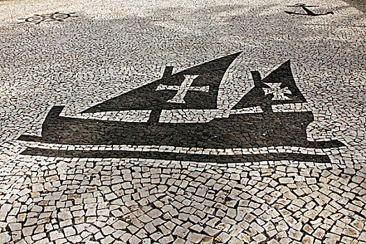 鹅卵石,石板路,图像,船,散步场所,马德拉岛,葡萄牙,欧洲