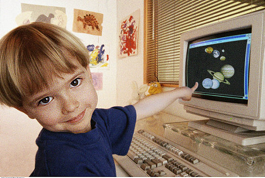 男孩,肖像,指点,电脑屏幕