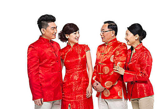 棚拍中國(guó)新年快樂(lè)的唐裝家庭
