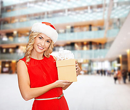 圣诞节,冬天,高兴,休假,人,微笑,女人,圣诞老人,帽子,礼盒,上方,购物中心,背景