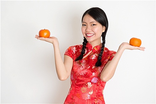 亚洲人,中国人,女孩,拿着,柑橘,橙色
