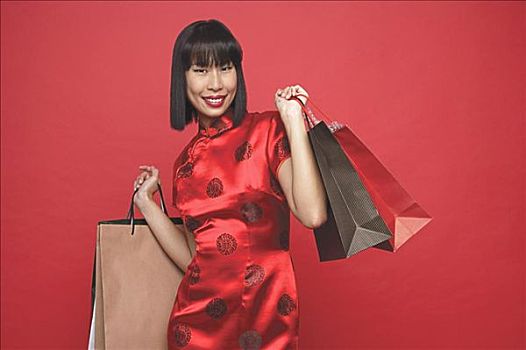 女人,红色,旗袍,购物袋