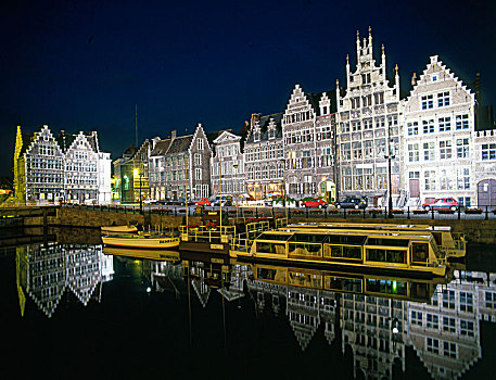 比利时,运河,场景,夜晚