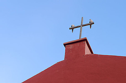 两个,鸽子,木质,十字架,红色,教堂,蓝天