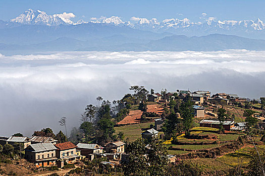 风景,乡村,房子,梯田,山,喜马拉雅山,雾,山谷,靠近,尼泊尔,亚洲