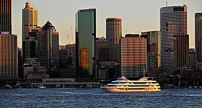 风景,悉尼,小湾,游轮,船,圆形,码头,港口,天际线,中央商务区,新南威尔士,澳大利亚
