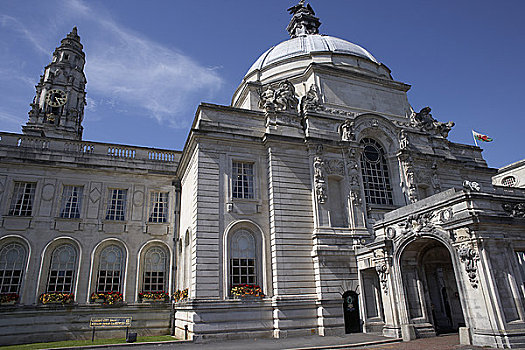 威尔士,加的夫,市政厅,入口,英国,文艺复兴,风格,城市,身分