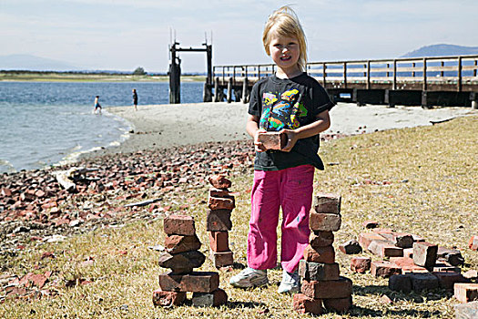 女孩,堆积,砖,海洋公园,加拿大