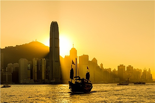 香港,天际线,日落