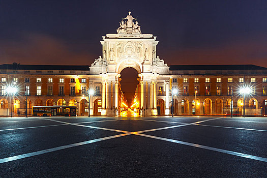 商业,广场,夜晚,里斯本,葡萄牙